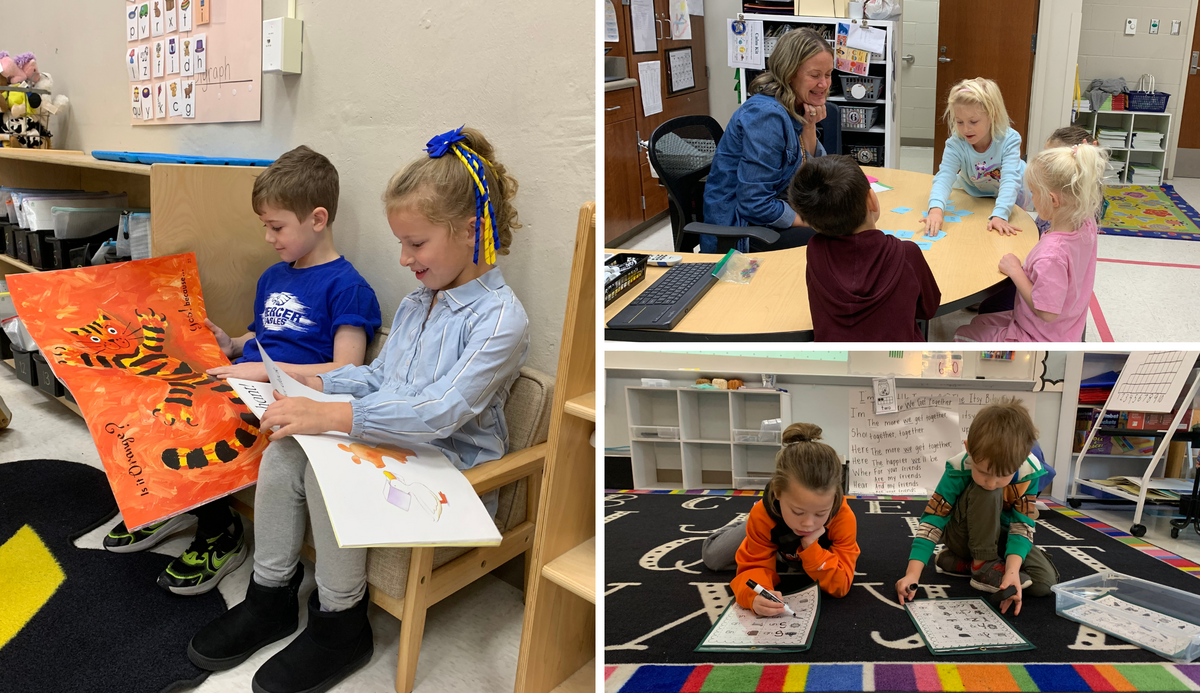 three photos of kindergarten students learning